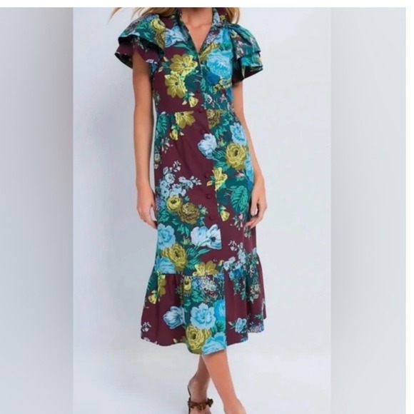 Tuckernuck Dresses & Skirts - NWT Tuckernuck Merlot Sharp Floral Dress Burgundy Blue Ruffle Sleeve Midi M